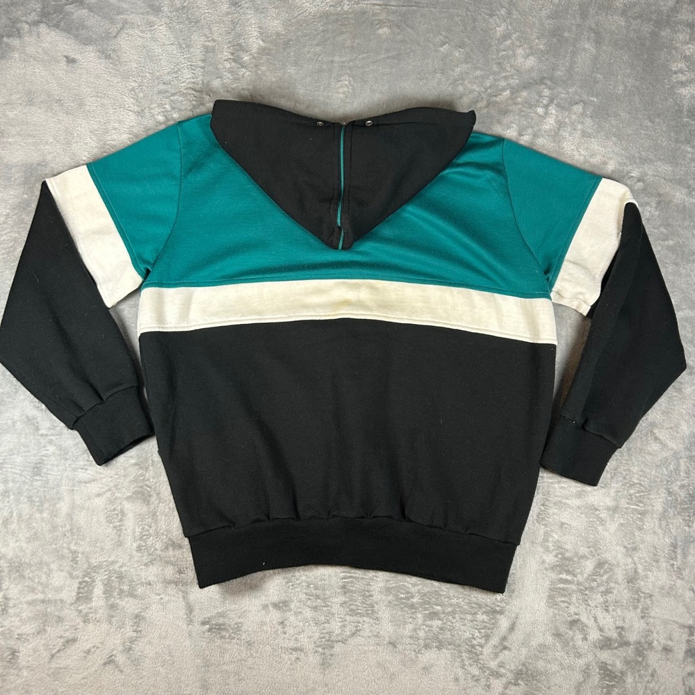 Vintage SIM Sportswear Colorblock Hoodie Teal Black White Quarter Zip XL - Picture 2 of 6